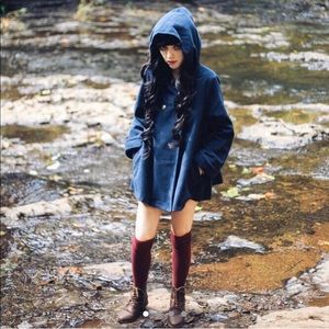 Yesstyle Hooded Navy Blue Wool Cape Poncho